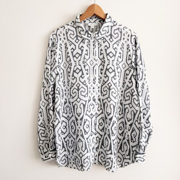 J Jill Love Linen White & Black Patterned Button Up Size L Coastal Lagenlook - Picture 1 of 12